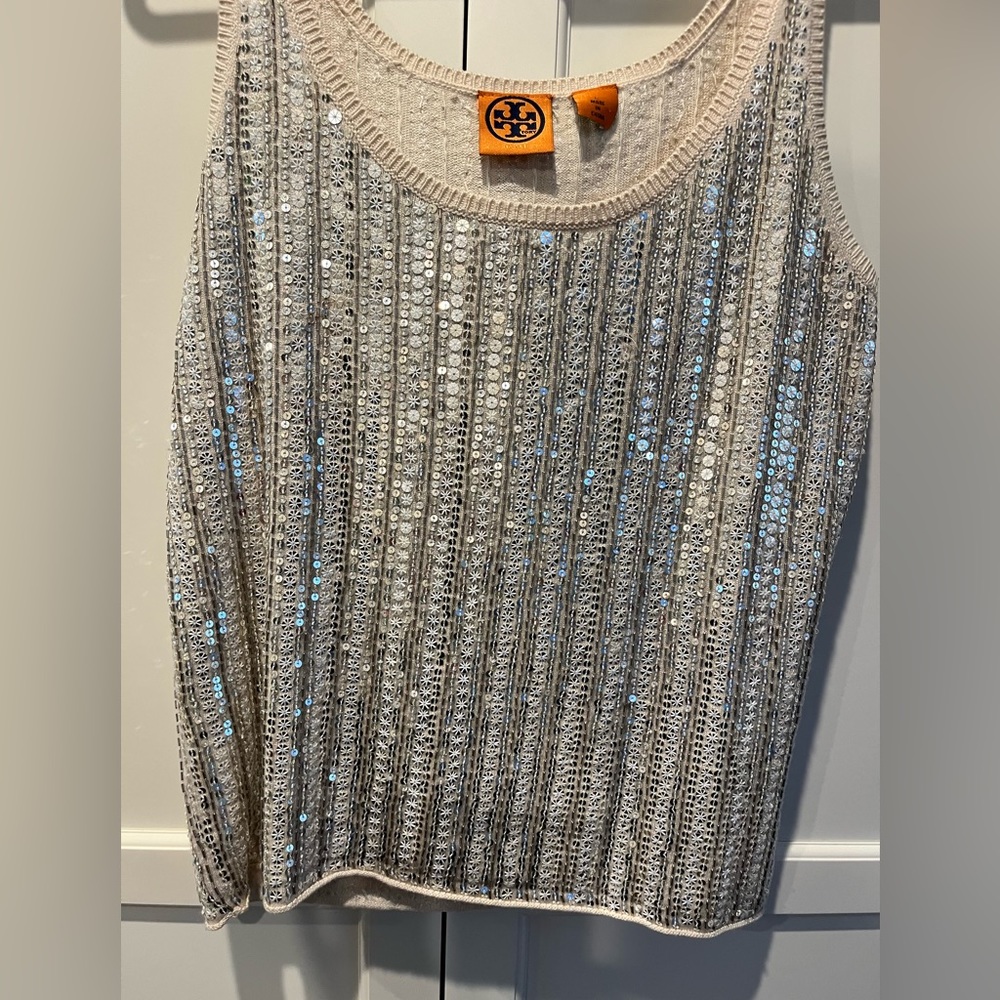 Tory Burch silk & cashmere sequin top, size L